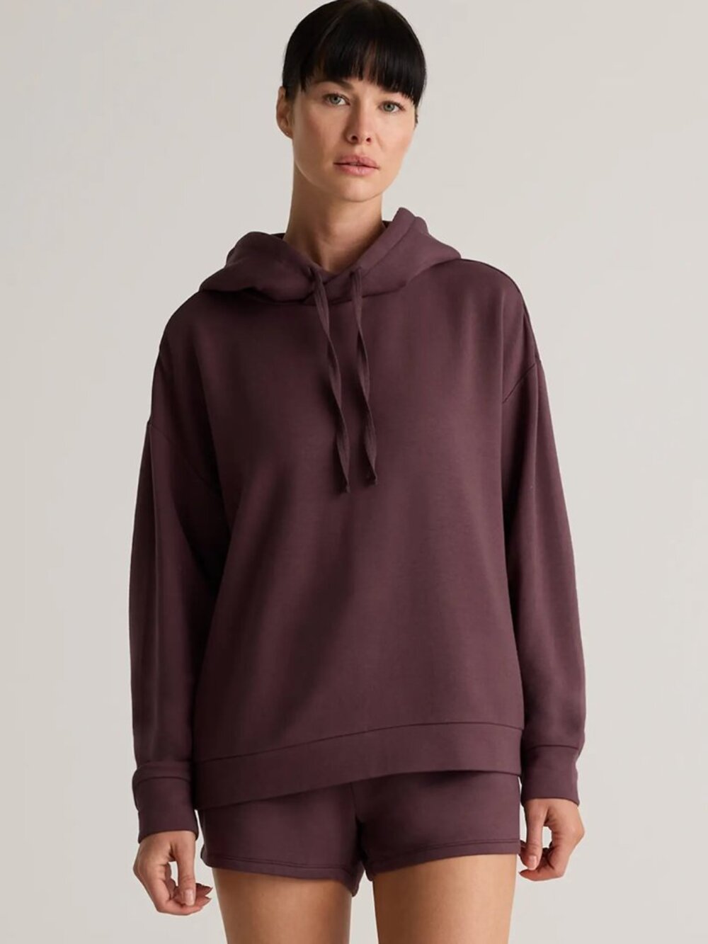 Quince SuperSoft Fleece Pullover Hoodie Sweatshirt in Dried Fig Size L